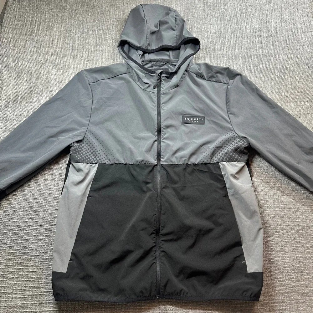 Sonneti London Windbreaker Mens Large Grey Black  Hooded Zip Jacket